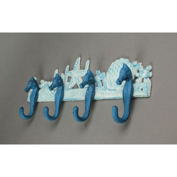 Blue/White Cast Iron Seahorses Decorative Wall Hook Hanging Towel or Coat Rack - Picture 2 of 6